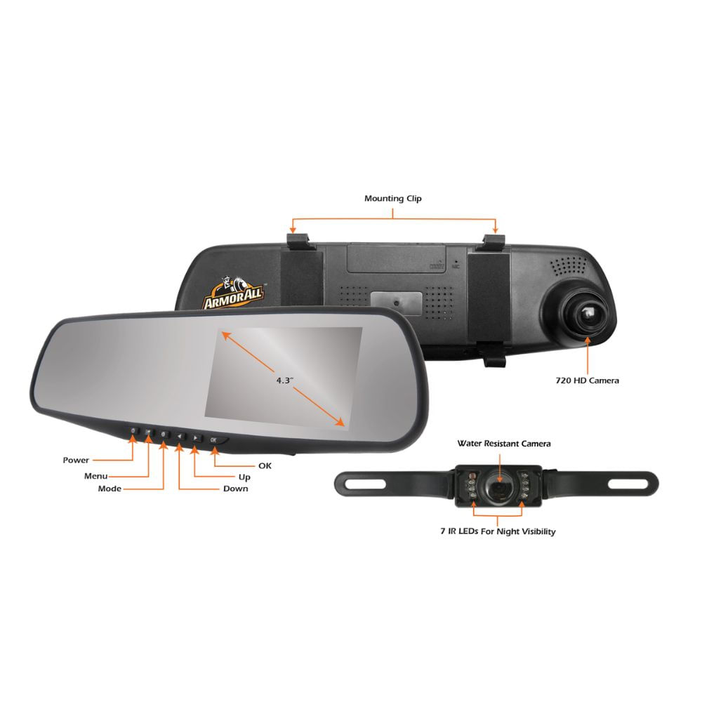 Cámara de Espejo Retrovisor Dash y Backup Armor All 2.4" HD 720 ADC2